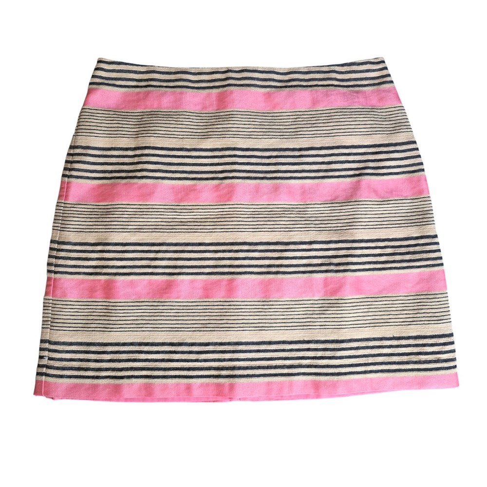 Ann Taylor Loft Womens Pink Tan Striped Linen Blend Mini Skirt Size 12 Zip Back